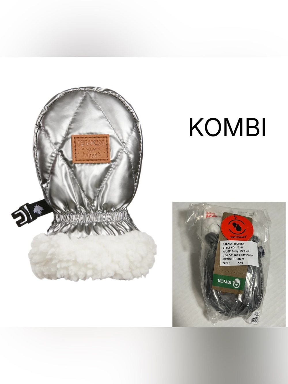 KOMBI - XXS 6/12M - NWT - INFANT MITTENS - SHINY METALLIC GREY / SILVER